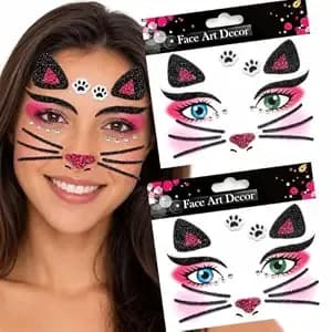 Glitter Cat Face Stickers Self-Adhesive Temporary Rhinestone Cat Face Tattoos With Whiskers & Ears, Waterproof Sparkly Cat Makeup Kit For Halloween Cosplay Costume Kids Adults 2 Sheet