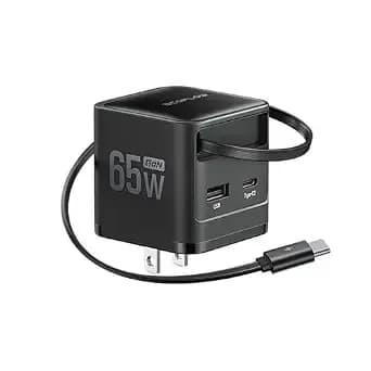 Ef Ecoflow 65w Usb C Charger With Retractable Cable, 3-In-1 Phone Charger With Type C Cable, 2-Port Fast Charger Compatible With Iphone 17 16 Pro Max, Ipad, Galaxy s25, Steam Deck (Black)