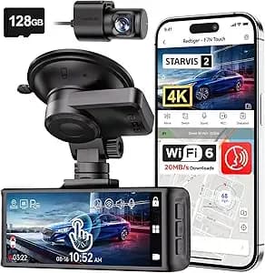 Redtiger 4k Starvis 2 Dashcam Front Rear, 5ghz Wifi 20mb/S, Free 128gb Card - Voice Control, Touch Screen, Gps, Loop Recording, Parking Mode, Audio Recording, Wdr Night Vision, Supercapacitor(f7n Touch)