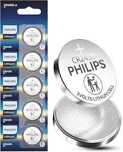Philips cr2450 3v Lithium Button Cell Battery, 5 Pack, 10 Year Shelf Life Leak Proof, Child Resistant Packaging Works With Key Fob & Home Electronics - Long-Lasting 12v Lithium Power For Watches, Calculators, Medical Devices, And Other Electronics.