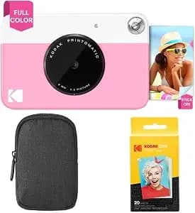Kodak Printomatic Full-Color Instant Print Camera Starter Bundle + Carrying Case + Zink 20pk Photo Paper - Colorful Photos On 2x3" Sticky-Back Paper - Fun Gift For Birthday Christmas Holiday - Pink