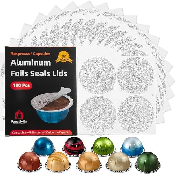 Fanativita 100 Pcs Aluminum Foil Seal Lids For Nespresso Vertuo (62 Mm) - Fits All Vertuo Pod Sizes, Dual-Tab Easy Align & Seal, Extra Thick, No Tears, Self-Adhesive, Leak-Proof