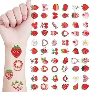 60pcs Sweet Strawberry Temporary Tattoos Red Berry White Daisy Fake Tattoos - Waterproof Floral Aesthetic Fruit Body Art Stickers For Girls, Teens & Adults, Picnic Party Favors
