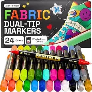 Artistro 24 Dual-Tip Fabric Markers Decorating Kit, Permanent For Clothes - Brush & Fine Tip, Acrylic Paint Pens For Sneakers, Bags, Shoes, Textiles, Canvas, Sewing, Craft, & Diy