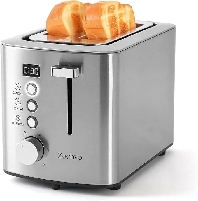 2 Slice Toaster With Countdown Timer, Wide Slots Fits Thick Bread & Bagel - 6 Browning Levels, Defrost, Reheat & Cancel, Removable Crumb Tray, Compact Design For Everyday Breakfast
