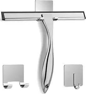 All-Purpose Stainless Steel Shower Squeegee For Shower Glass Door With 2 Adhesive Hooks, Bathroom Cleaner Tool Household Window Mirror Squeegee , Cleaning Tile Wall, Car, 10 Inch Silver