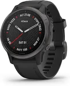 Garmin Fenix 6s Sapphire, Premium Multisport Gps Watch, Smaller-Sized, Features Mapping, Music, Grade-Adjusted Pace Guidance And Pulse Ox Sensors, Carbon Gray Dlc With Black Band