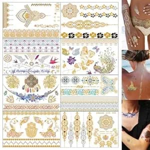 Aresvns Flash Gold Metallic Temporary Tattoos For Women Girls, 8 Sheets - Boho Glitter Tattoo Design, Long-Lasting, Waterproof And Sweatproof, Ideal For Wedding, Parties, Cosplay, Halloween