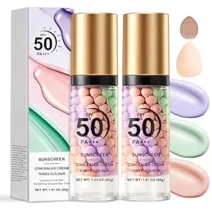 2 Pcs One Step Color Correcting Primer For Face Makeup, Sunscreen Primer - 3-In-1 Spf 50 Protection Isolation Cream Primer, Oil Control & Moisturizing, Lightweight, Radiance Skin, With Makeup Sponge
