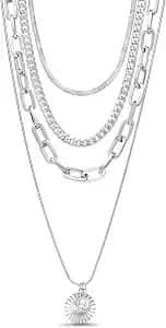 Nautica Rhinestone Disc Pendant Layered Necklace For Women Rhodium Plated Alloy Four Row White Chain 14-22 Inches