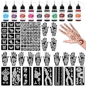 Temporary Tattoo Kit,10 Bottles Colors Temporary Tattoo Ink, 86 Temporary Stencils, 8 Gloves Stencils For Hands, (Different Sizes) Suitable For Skin Face Paint, Body Art, Party Fun