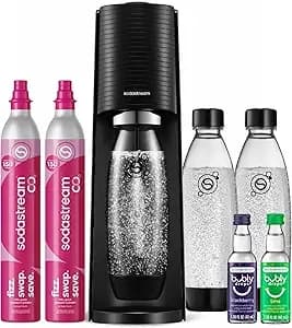 Sodastream Terra Sparkling Water Maker, Value Bundle, Cqc co2 System, Includes 2 Quick Connect 60l co2 Cylinders, 3 Dishwasher Safe Bpa Free Bottles, 2 Bubly Flavor Drops, Make Your Own Pepsi, Black