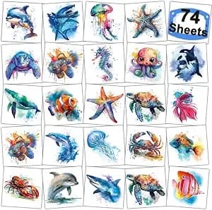 Charlent Watercolor Ocean Animals Temporary Tattoos For Kids Party Supplies - 74 Individually Sheets Sea Creature Tattoos For Boys Girls Ocean Birthday Party Favors,Classroom Rewards