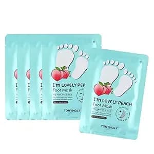 Tonymoly Lovely Peach Foot Mask Boots - Korean Foot Care Treatment Set, 5pk - Peach And Honeysuckle Extracts Moisturize, Calm, And Refresh Tired, Overworked Feet