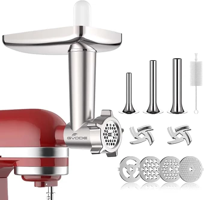 Gvode Metal Meat Grinder Attachment For Kitchenaid Stand Mixer,Food Grinder - Meat Grinder For Kitchen Aid Includes 4 Grinding Plates, 3 Sausage Stuffer Tubes, 2 Grinding Blades