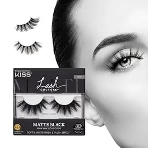 Kiss Lash Couture Matte Velvet False Eyelashes, 1 Pair, 16mm, Blackest Black, Plush Faux Mink Eyelashes, 3d Volume Strip Lashes, Exclusive Knot-Free, Ultra-Thin Band, Reusable Comfortable Lashes