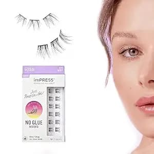 Kiss Impress Falsies Press On Self Adhesive Eyelashes, 12mm-14mm Natural Volume Press On Lashes, Black, No Glue Needed, Invisible Band, 12 Lash Clusters - Chic