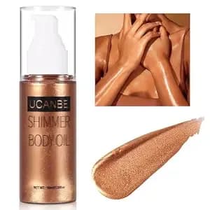 Ucanbe Body Shimmer Oil 100ml, Moisturizing Body Glow Glitter Oil, Waterproof Shimmering Luminizer Liquid Illuminator Highlighter, Tinted Shimmer Lotion Glowing Bronzer Makeup(Golden Brown)