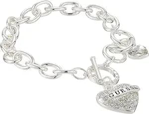 Guess Women'S Silvertone Chain Toggle Dangle Heart Charm Bracelet