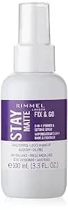 Rimmel London Stay Matte Fix & Go - 001 Transparent - 2-In-1 Primer & Setting Spray, Oil-Free, Locks Makeup Into Place, Soothes Skin, 3.3 Oz