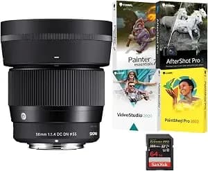 Sigma 56mm F/1.4 Contemporary Dc Dn Prime Lens (Sony E-Mount) Bundle - 64gb Memory Card, Software Suite, (3 Items)