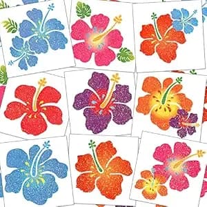 Kathfly 180 Pcs Hibiscus Temporary Tattoos Glitter Hawaiian Flower Tattoos Stickers For Face Body Decoration Women Summer Tropical Aloha Party Favors Summer Gift