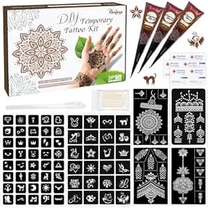 Temporary Tattoo Kit With 6 Sheets Reusable Stencils 3 Brown Tattoo Paste - White Draft Practice Pen And Brush,Waterproof & Safe,Diy Body Art Tattoo Set For Adults,Teens,Beginners, Family Fun & Parties
