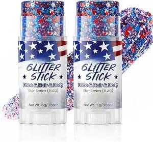 2pcs Red White Blue Sparkle Patriotic Glitter Stick - Face Hair Body Glitter, Waterproof, 4th Of July 250th Independence Day Usa Flag Makeup, Soccer World Cup, Memorial Veterans President'S Day