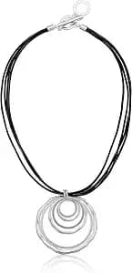 Anne Klein Gold Tone Flat Chain Pendant Necklace For Women – Multi Hoop Statement Necklace With Leather Detail, Adjustable 16 Inch Chain With 3 Inch Extender