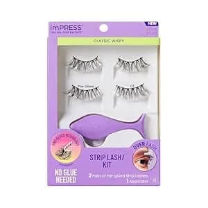 Kiss Impress Strip Lash Kit Multipack Kit Pre-Glued Strip Lashes Kit, Classic Wispy, Black, 2 Pairs False Eyelashes