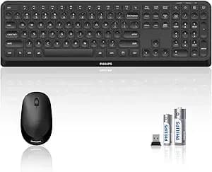 Philips Quiet Wireless Keyboard And Mouse Combo, Silent Keyboard And Mouse Wireless Combo For Laptop Pc Computer, Connects With Only One Usb-A Dongle, No Bluetooth