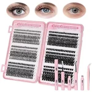 Aomig Cluster Eyelash Extensions Kit, 570pcs Volume Fluffy Lash Clusters, 8-16mm Individual Lashes Kit With Eyelash Bond And Tweezers, Thick Eye Lash Clusters Diy Cat Eye Lashes Natural Looking