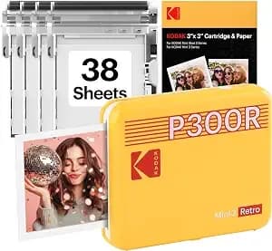Kodak Mini 3 Retro 3x3'' Portable Photo Printer, 38 Sheets, Bluetooth Smartphone Printer For Iphone & Android, Instant Color Prints, 4pass Dye Sublimation, Yellow