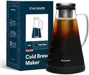 Ovalware Airtight Cold Brew Coffee Maker With Tea Infuser & Spout 1.5l/51oz - Borosilicate Cold Brew Coffee & Iced Tea Maker With Removable Strainer & Spout - Ideal For Home Baristas & Tea Enthusiasts