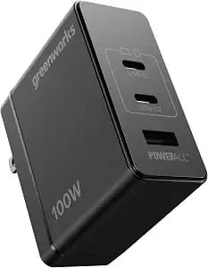 Greenworks Powerall 100w Usb-C, Usb-A Gan Charger, 3-Port Foldable And Compact, Pps Fast Charging For Macbook Pro/Air, Iphone Ipad, Galaxy s24/23, Pixel 8, Game Console, Gw 24v Type-C Battery Charger