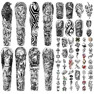 46 Sheets Full Arm Temporary Tattoos Waterproof For Men(l22.8“xw7”), Fake Tattoos For Women Lion Tiger Clock Flower Skeleton Animals Design, Hand Forearm Shoulder 3d Tattoos For Halloween