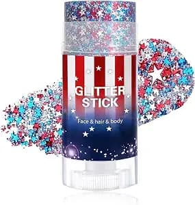 Body Glitter Stick With Star,Face Red White Blue Hair Glitter - Patriotic Sparkling Face Hair Glitter Makeup For Women,4th Of July Outfits And Accessories,Waterproof Hair Glitter