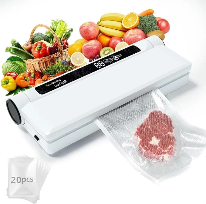 Compact Vacuum Sealer For Food, 75kpa Food Sealer Machine - 75 Kpa Strong Suction, Led Display, Dual Use For Dry & Wet Foods, With 20 Bags, Ideal For Home Kitchen, White