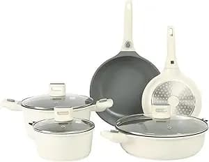 Sur La Table Kitchen Essentials 13 Piece Detachable Handle Pots And Pans Premium Pfa Free Premium Ceramic Non Stick Induction Safe And Secure Removable Handle Cookware Set - Eggshell White
