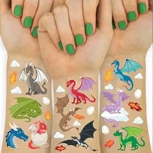 Xo, Fetti Dragon Temporary Tattoos - 40 Silver Foil Styles - Magical Birthday Decorations, Fantasy Kids Party Favor, Wyvern Accessory, Mythical Bday Activity, Dinosaur Tats