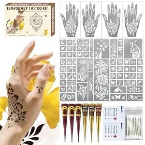 136pcs Henna Tattoo Kit With 12 Stencils And 6 Color Henna Cones For Skin - Hena Tattoos Kit For Body Art Painting, Henna Temporary Tattoo Stencil Kit For Women Men, Festivals Wedding Party Favors