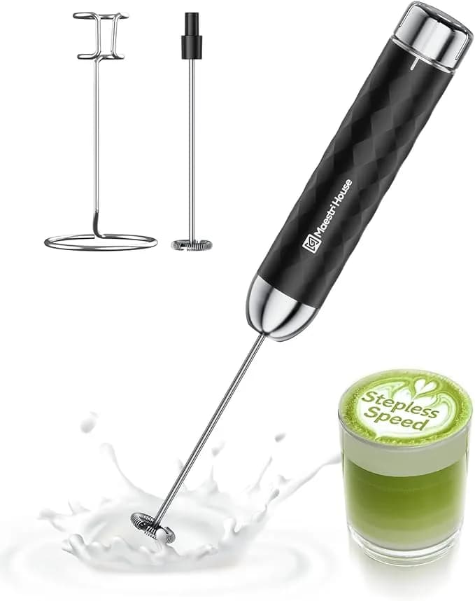 Maestri House Lunafro 2.0 Rechargeable Milk Frother, Stepless Speed Control - 1200mah Lithium Battery Frother Handheld, ipx4, Stand & 2 Detachable Whisk For Lattes, Cappuccino, Matcha & Protein Powder