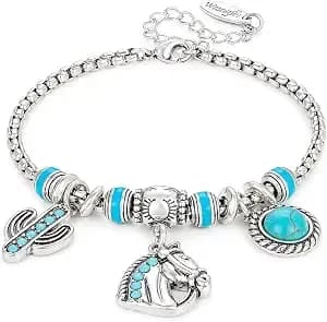 Wrangler Turquoise Sliding Charm Bracelets For Women, Fixed Charms - Western Turquoise Jewelry, Country Jewelry With Gift Box