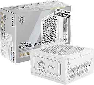 Msi Mag a1000gl pcie5 White, Fully Modular Compact Gaming 1000w Power Supply, 80+ Gold, Atx 3.1 & Pcie 5.1 Ready, Native Dual-Color 12v-2x6 Cable, Low-Noise, Embossed Jacket Cables, 10 Year Warranty