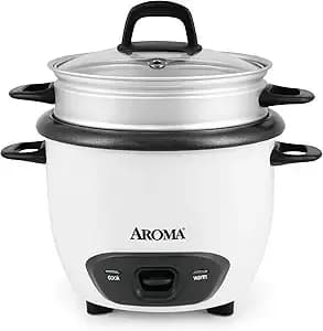 Aroma® Rice Cooker, 3-Cup (Uncooked) / 6-Cup (Cooked), Steamer, Small Rice Cooker, Oatmeal Cooker, Soup Maker, Auto Keep Warm, 1.5 Qt, White, Arc-743-1ng