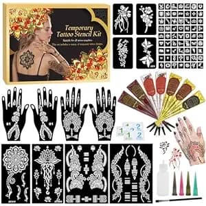7pcs Temporary Tattoo Cones Kit,4colors(Black/Brown/Maroon Cherry Red) Inks - 13 Large Designs Stencils, Diy Body Art Set With Mixing Bottles, Brush For Festivals, Parties, Makeup And Creative Designs