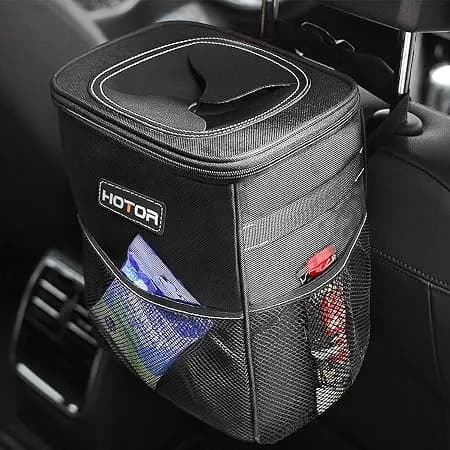 Hotor Car Trash Can, Compact Waterproof Organizer, Leak-Proof Bin, 2-Gallon - Black, Multifunctional Car Accessory With Adjustable Straps & Magnetic Snaps For Interior Car Storage