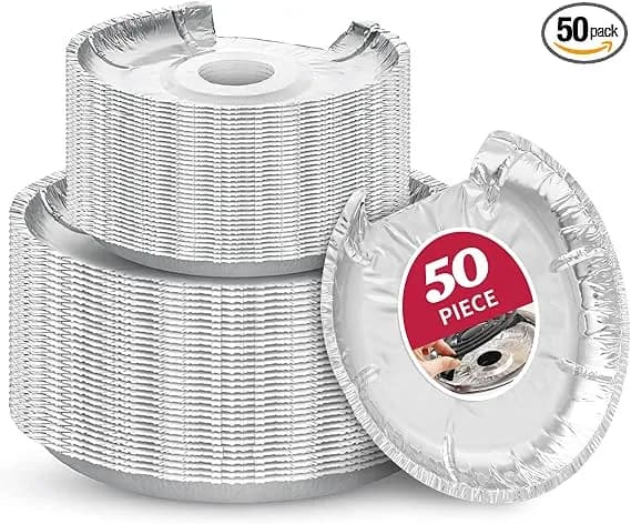 50pc Cozzivita Round Electric Stove Burner Covers - Stove Top Covers For Electric Stove Thicker Aluminum Foil Burner Liners - Disposable Stove Top Protector (25 * 6 Inch And 25 * 8 Inch)