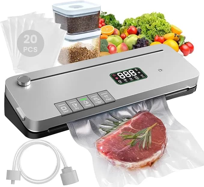 Food Vacuum Sealer Machine 75kpa, Built-In Cutter, Pulse Function, Digital Timer Dry/Moist Modes, External Vacuum For Jars, 20 Bags Included, Compact Design For Meal Prep Sous Vide And Bulk Storage