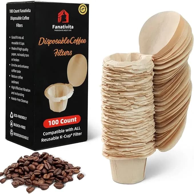 Fanativita 100ct K Cup Coffee Filters With Genius Lid, Unbleached - Fits Most Reusable K-Cups, Chlorine-Free, Compostable Paper, Easy Cleanup, Sediment-Free, Smooth Taste